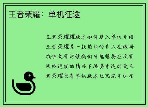 王者荣耀:单机征途